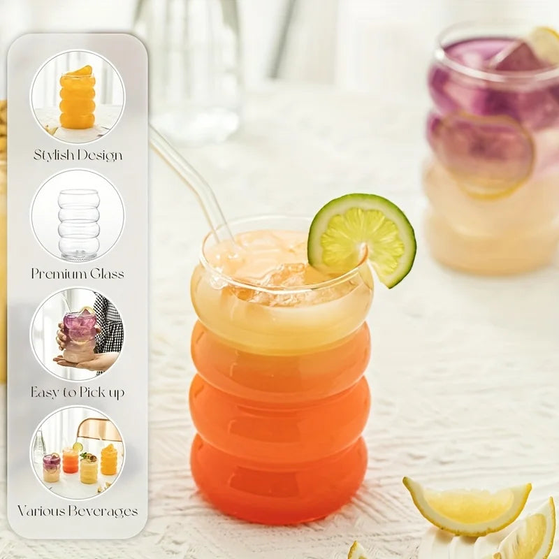 Wave Glass Cup with Straw 300ml