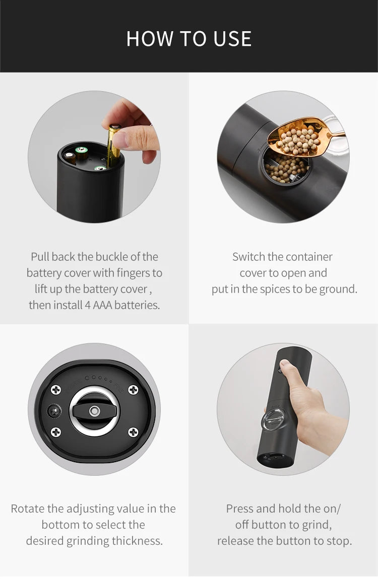 Automatic Gravity Salt & Pepper Grinder – LED Light Adjustable Mill