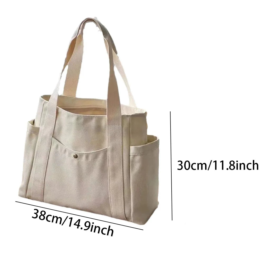 Large Capacity Canvas Tote Bag – Zip-Up Shoulder Bag for Work, Study & Shopping