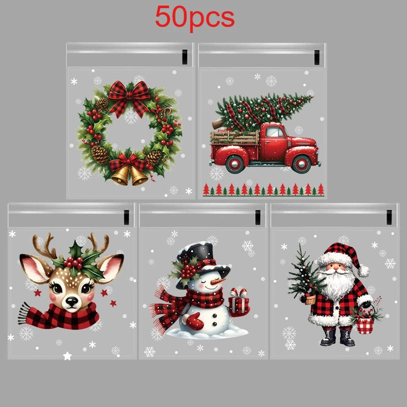 50/100 Pack Christmas Self-Adhesive Gift Bags – Santa, Snowman, Reindeer & Snowflake Treat Packaging