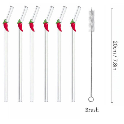 Chilli Pepper Glass Drinking Straws – Reusable Bent Straws for Cocktails, Juice & Iced Coffee