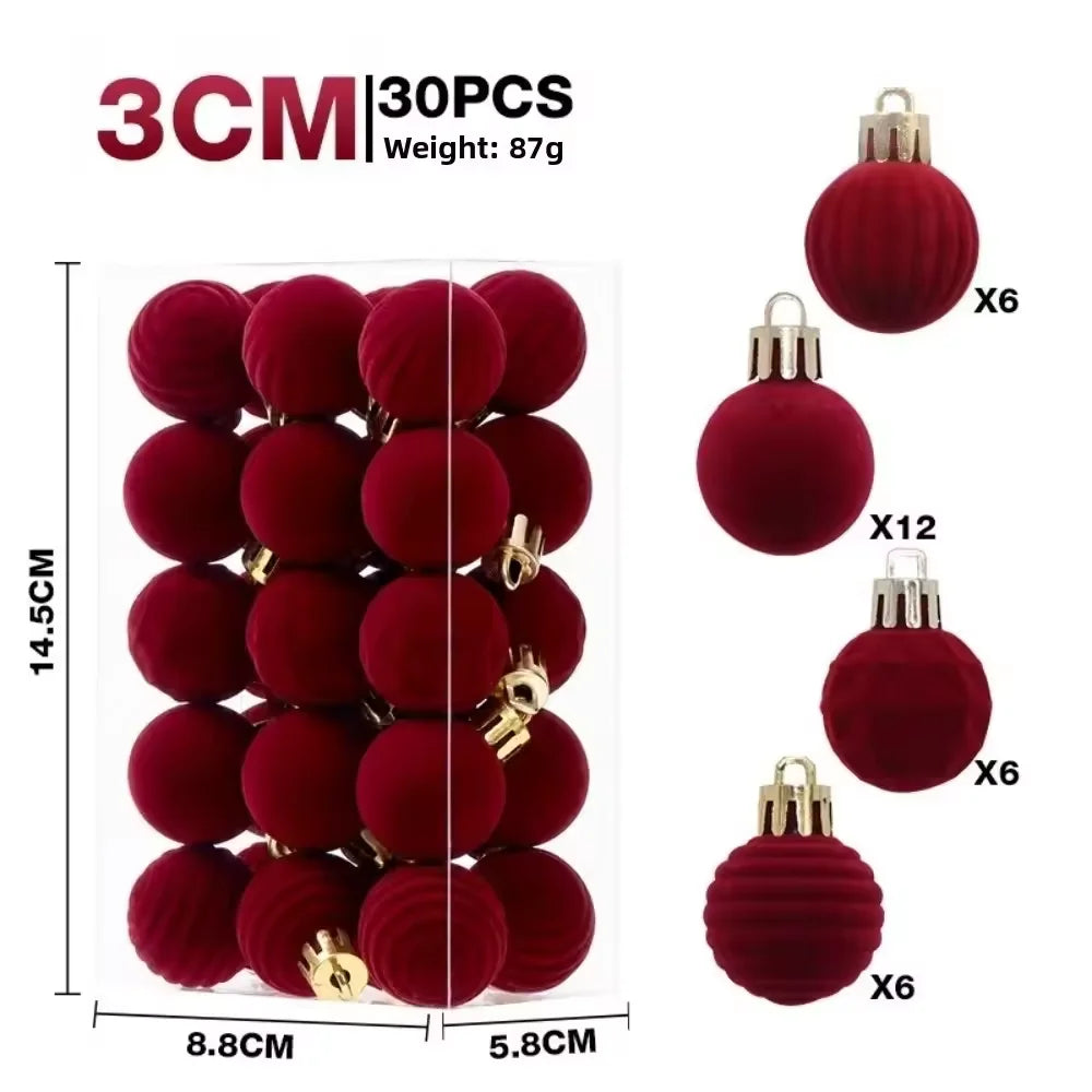 30-Pack Flocked Velvet Christmas Baubles – 3cm Mini Christmas Tree Hanging Ornaments