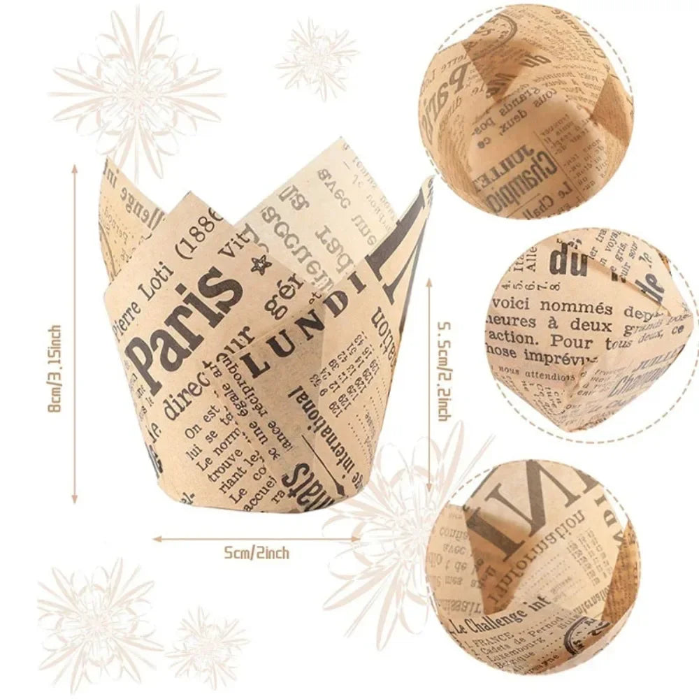 50-Pack Newspaper Print Tulip Cupcake Liners – Greaseproof Baking Cups