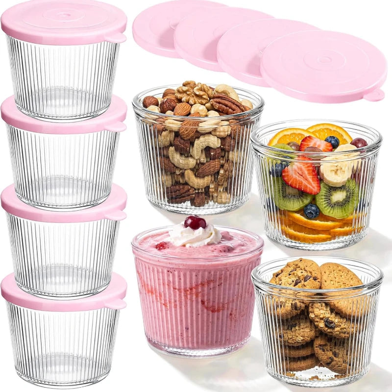 Clear Ribbed Glass Dessert Bowls with Lids – Stackable Snack & Sauce Containers (4 or 6 Pack)