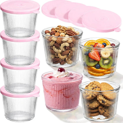 Clear Ribbed Glass Dessert Bowls with Lids – Stackable Snack & Sauce Containers (4 or 6 Pack)