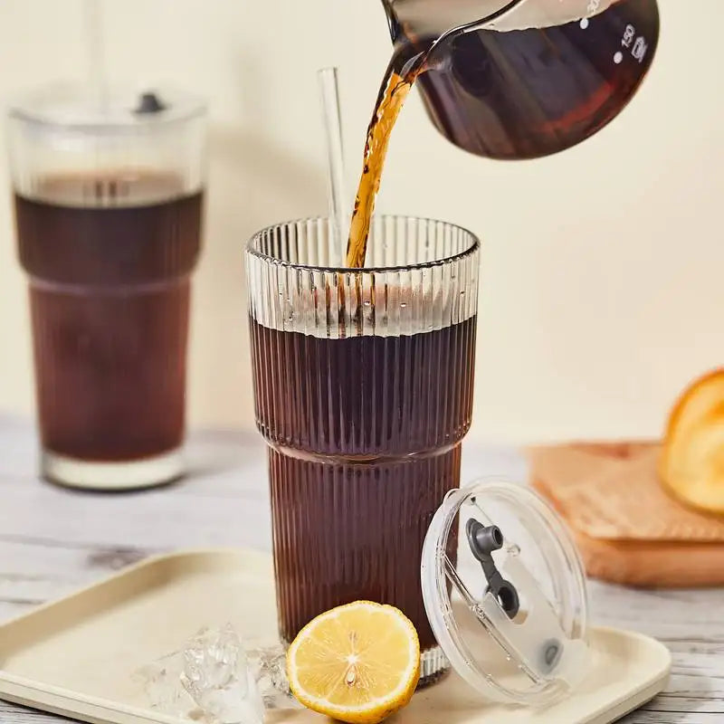 600ml Ribbed Glass Coffee Cup – Transparent Cold Drink Tumbler