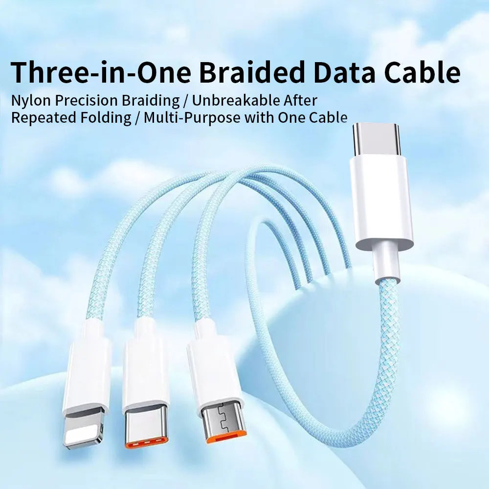 3-in-1 Fast Charging Cable – USB-A to USB-C, Lightning & Micro USB (Up to 100W)