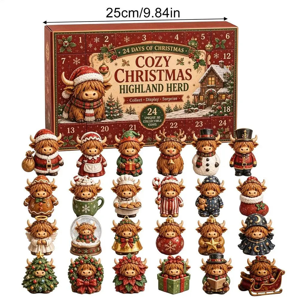 Christmas Advent Calendar – 24-Piece Highland Cow Acrylic Ornaments & Christmas Countdown Decorations