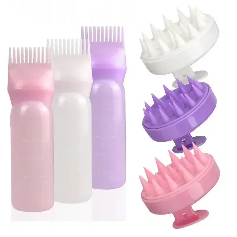 2-in-1 Silicone Scalp Massage Brush & 180ml Hair Oil Applicator Bottle