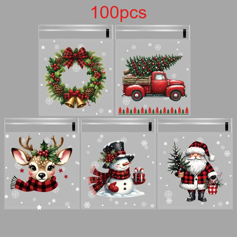 50/100 Pack Christmas Self-Adhesive Gift Bags – Santa, Snowman, Reindeer & Snowflake Treat Packaging