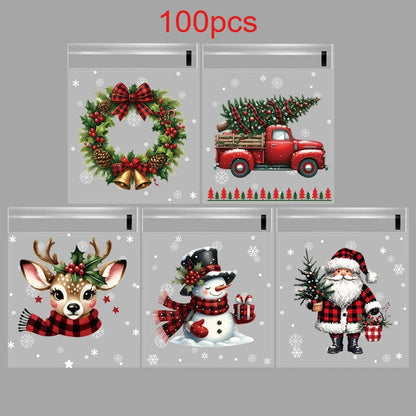 50/100 Pack Christmas Self-Adhesive Gift Bags – Santa, Snowman, Reindeer & Snowflake Treat Packaging