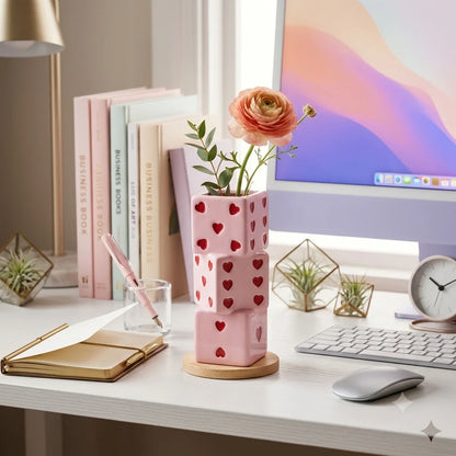 Pink Ceramic Stacked Dice Vase with Heart Details