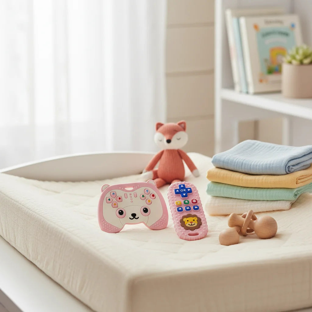 2-Piece Silicone Baby Teether Set – Bear Game Controller & Lion Remote