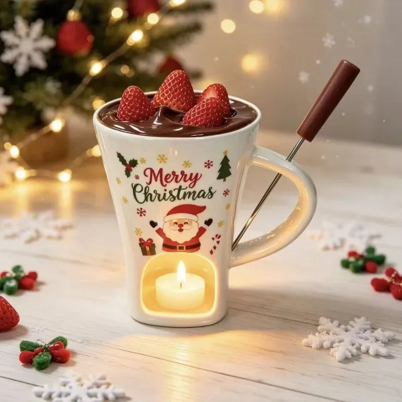 150ml Christmas Ceramic Chocolate Fondue Mug Set with Fork – Mini Melting Pot for Chocolate & Cheese