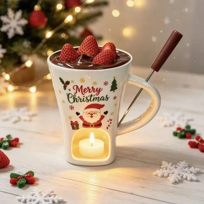 150ml Christmas Ceramic Chocolate Fondue Mug Set with Fork – Mini Melting Pot for Chocolate & Cheese