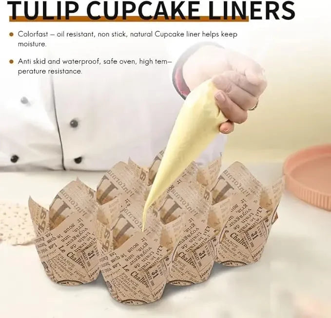 50-Pack Newspaper Print Tulip Cupcake Liners – Greaseproof Baking Cups