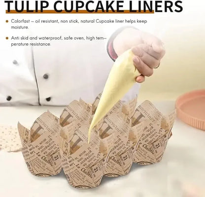 50-Pack Newspaper Print Tulip Cupcake Liners – Greaseproof Baking Cups