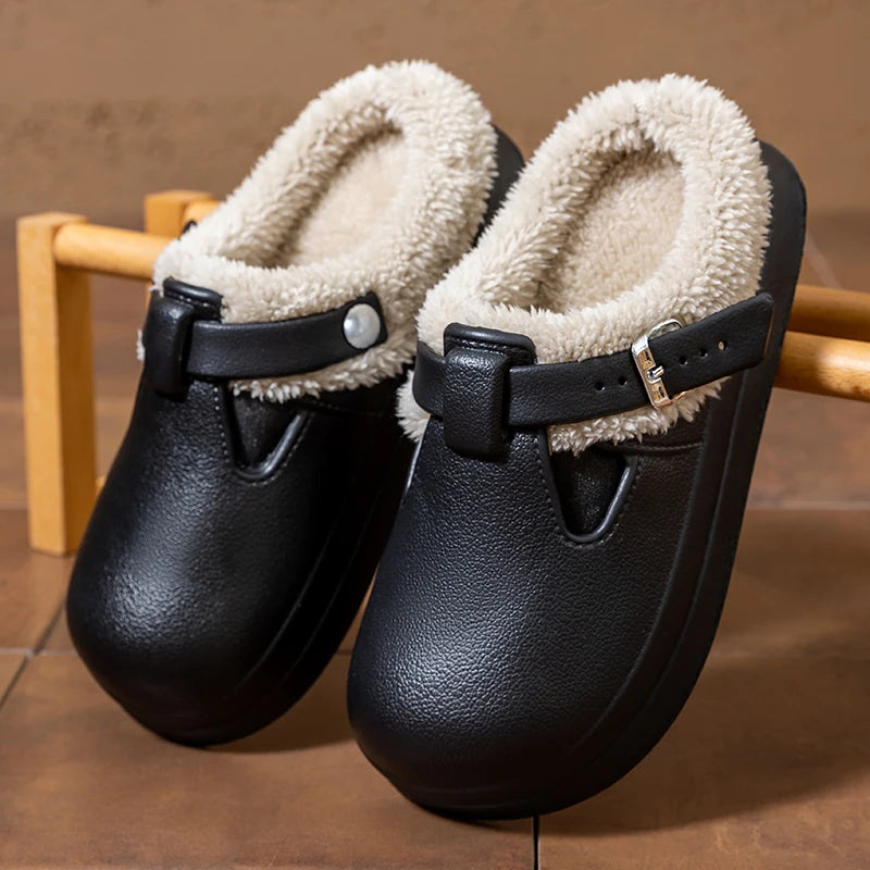 Women's Waterproof EVA Furry Mules – Plush Winter Slip-On Slippers with Platform Sole