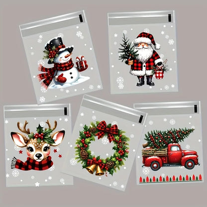 50/100 Pack Christmas Self-Adhesive Gift Bags – Santa, Snowman, Reindeer & Snowflake Treat Packaging