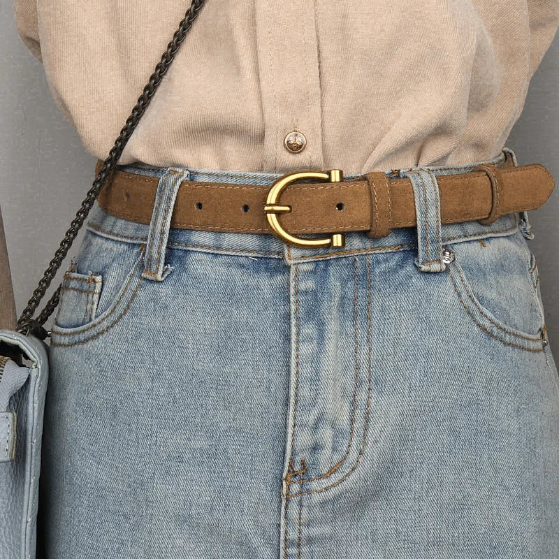 Women's Luxury Suede Leather Belt – Gold Pin Buckle Waist Belt