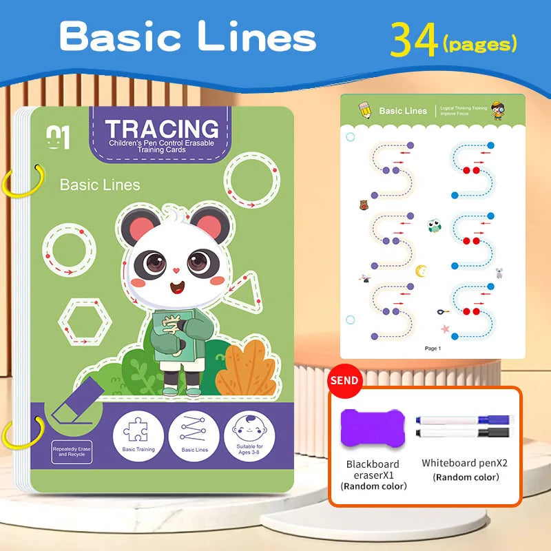 34-Page Reusable Magic Tracing Workbook – Drawing & Pen Control Practice Book