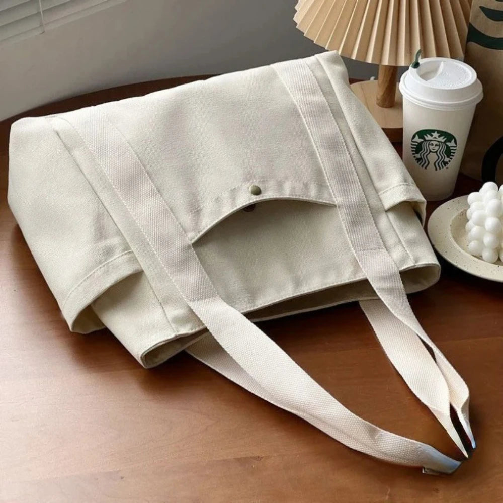 Large Capacity Canvas Tote Bag – Zip-Up Shoulder Bag for Work, Study & Shopping