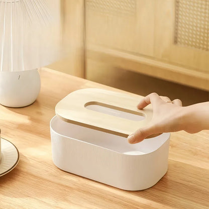 Modern Tissue Box Holder with Wood-Look Lid – Rectangular Tissue Dispenser for Home & Office