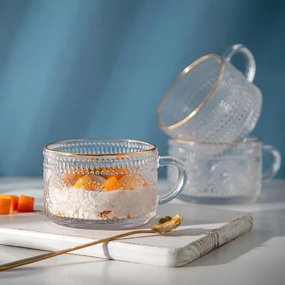 Vintage Embossed Glass Mug – Gold Rim Tea & Coffee Cup