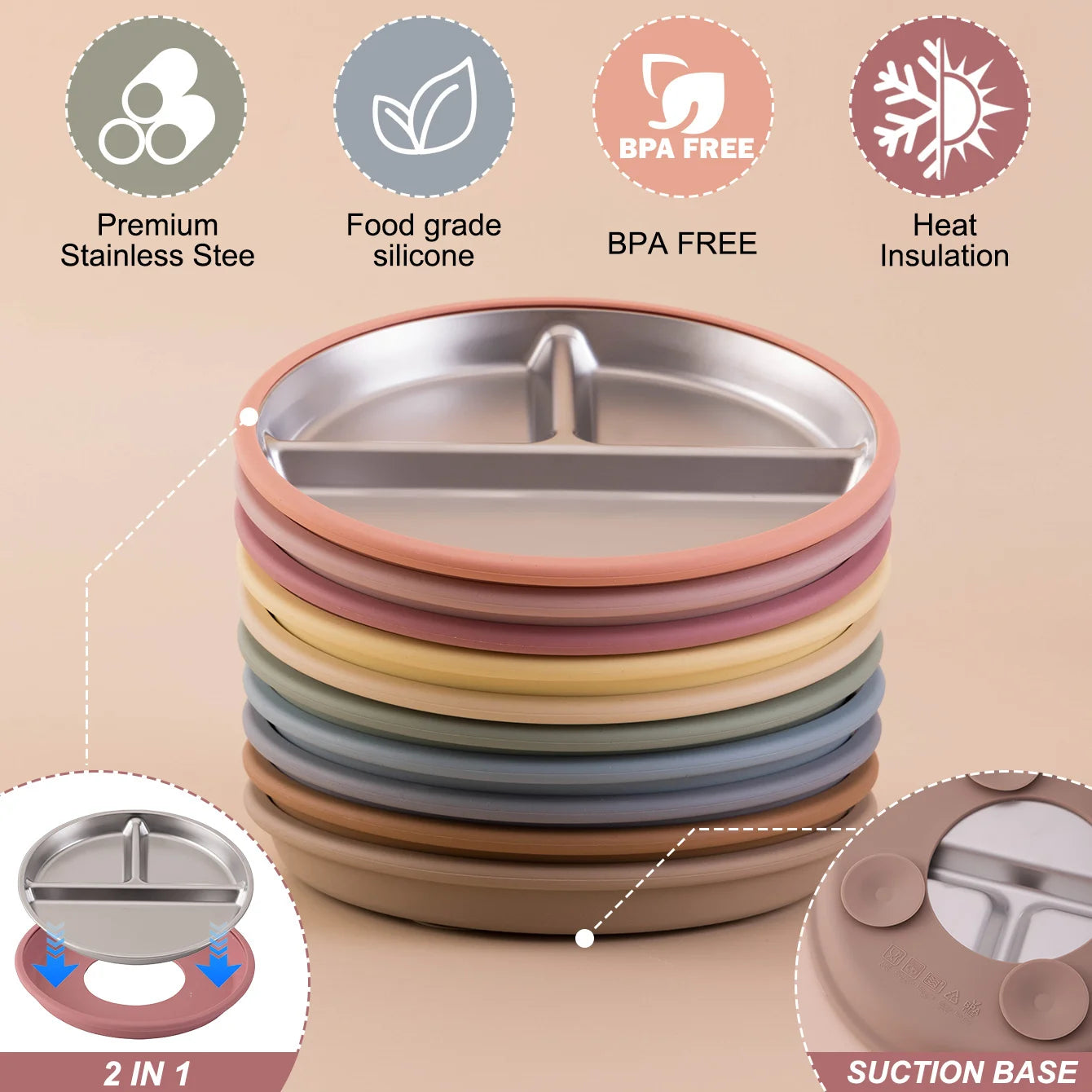 Stainless Steel Baby Suction Plate – Detachable Silicone Non-Slip Feeding Dish