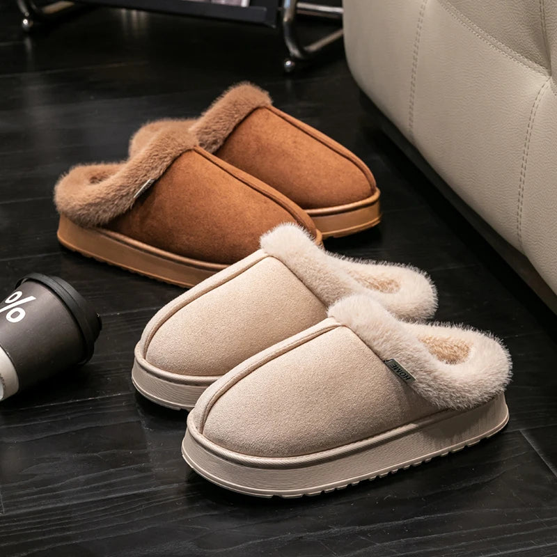 Fluffy Winter Slippers – Warm Faux Suede Indoor Slides with Thick EVA Sole