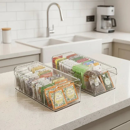 Clear 4-Compartment Storage Box with Lid – Tea Bag, Makeup & Desk Organiser