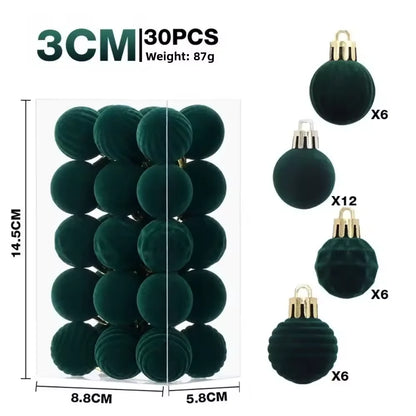 30-Pack Flocked Velvet Christmas Baubles – 3cm Mini Christmas Tree Hanging Ornaments