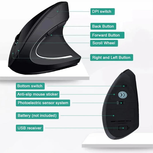 Ergonomic Vertical Wireless Mouse – 2.4GHz 6-Button Adjustable DPI