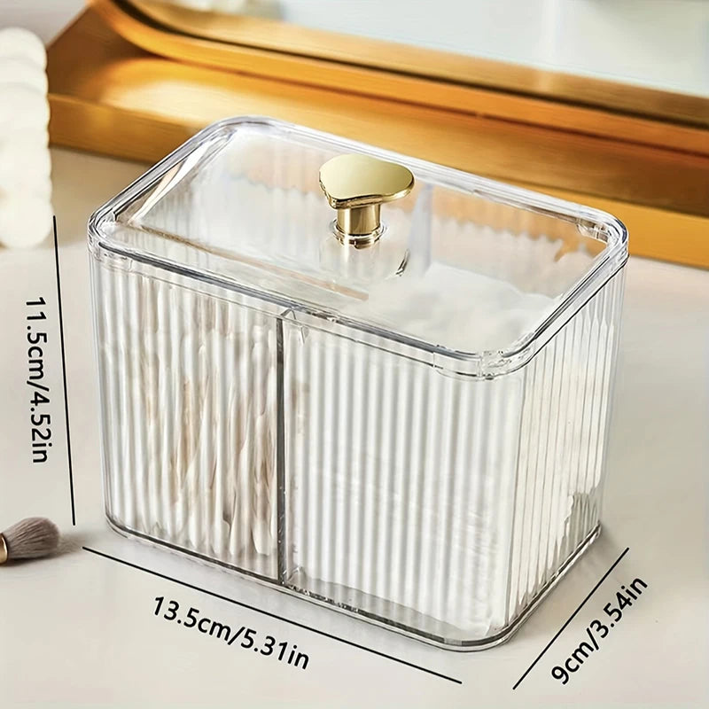 Clear Acrylic Makeup Organiser with Lid – Ribbed Cotton Swab & Cosmetic Storage Box