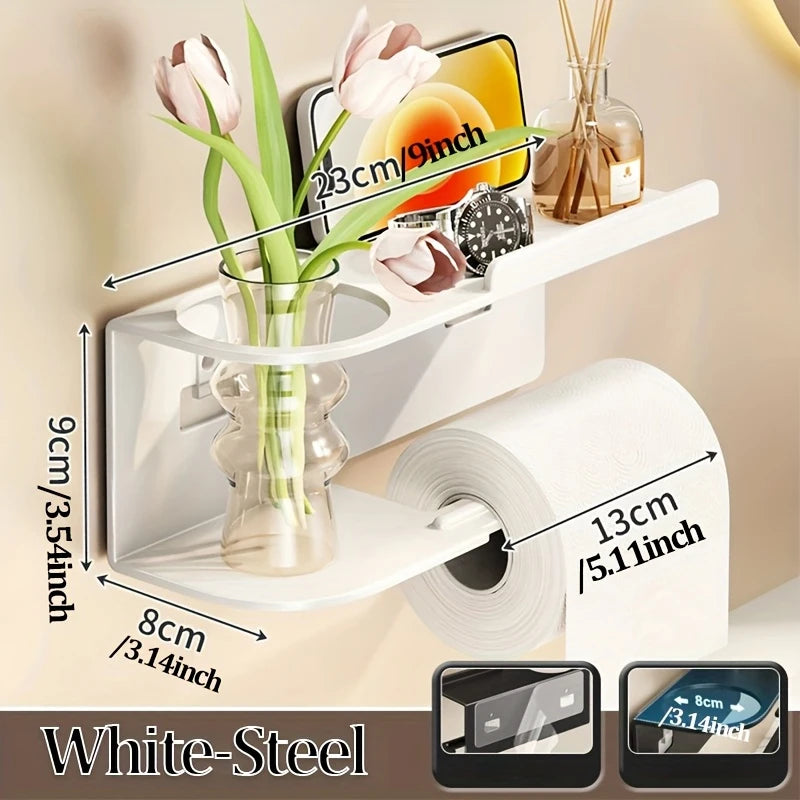 Self-Adhesive Toilet Paper Holder with Phone Shelf – Stainless Steel Wall Mount