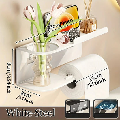 Self-Adhesive Toilet Paper Holder with Phone Shelf – Stainless Steel Wall Mount
