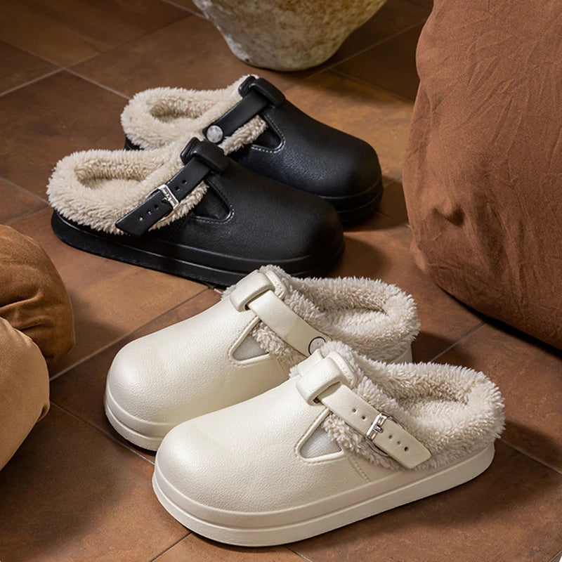 Women's Waterproof EVA Furry Mules – Plush Winter Slip-On Slippers with Platform Sole