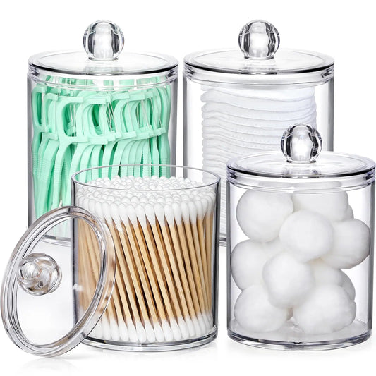 4-Piece Clear Acrylic Bathroom Storage Jar Set – Cotton Swab, Cotton Ball & Makeup Organisers
