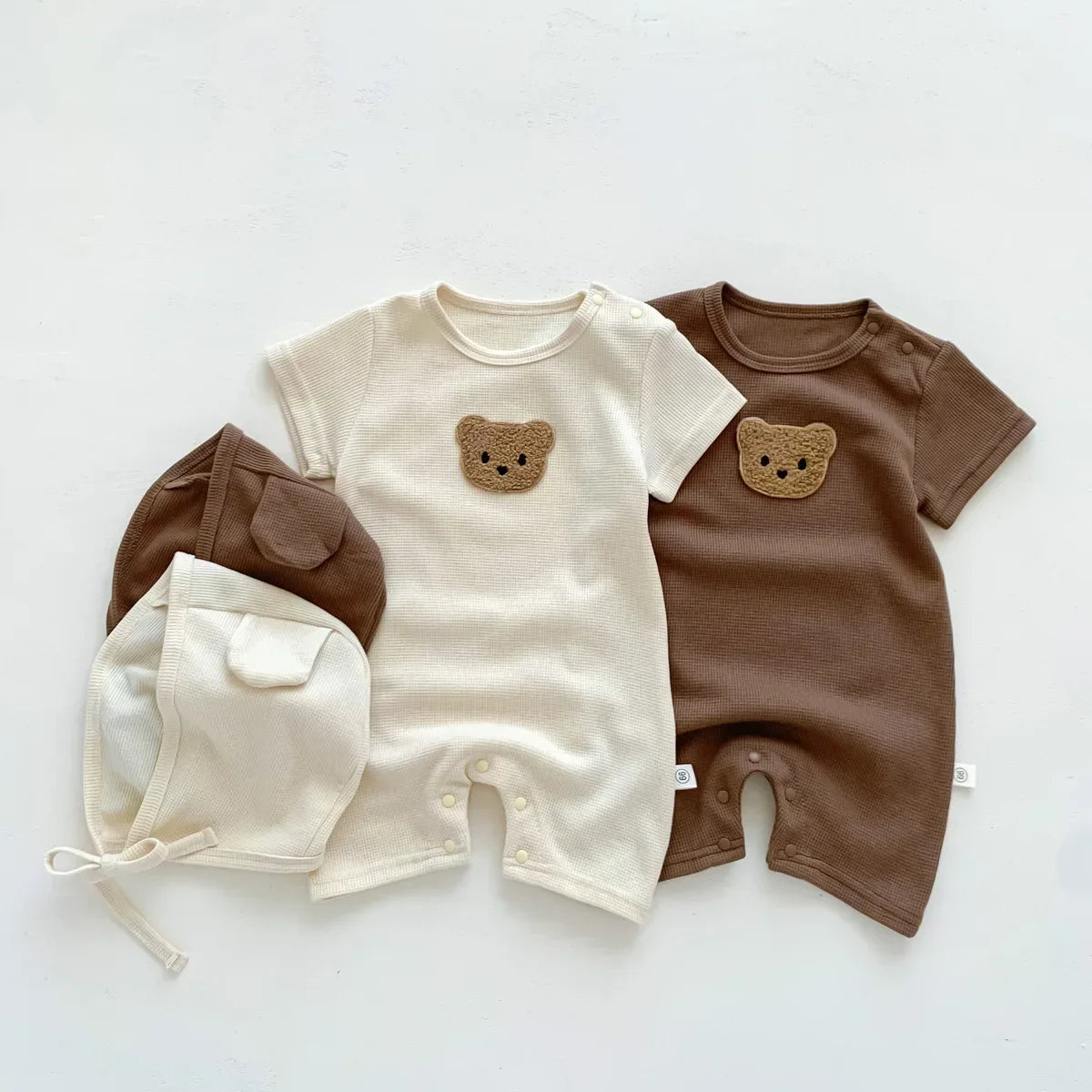 Baby Waffle Cotton Romper & Bear Ear Hat Set – Short Sleeve Outfit (0–24 Months)