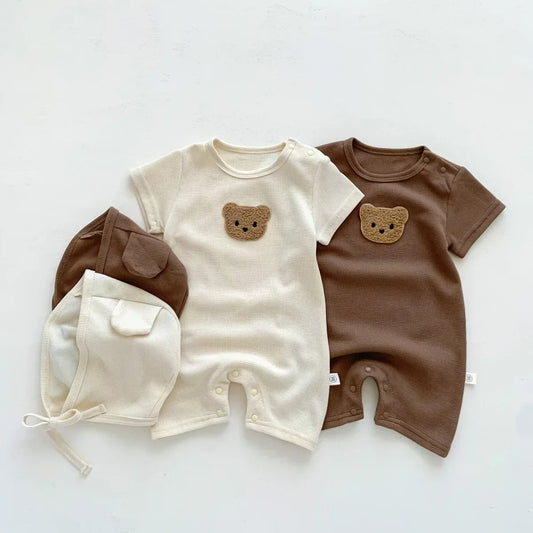 Baby Waffle Cotton Romper & Bear Ear Hat Set – Short Sleeve Outfit (0–24 Months)
