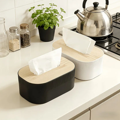Modern Tissue Box Holder with Wood-Look Lid – Rectangular Tissue Dispenser for Home & Office
