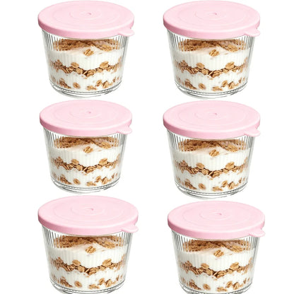 Clear Ribbed Glass Dessert Bowls with Lids – Stackable Snack & Sauce Containers (4 or 6 Pack)