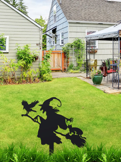 Witch on Broomstick Metal Garden Stake – Halloween Outdoor Decoration
