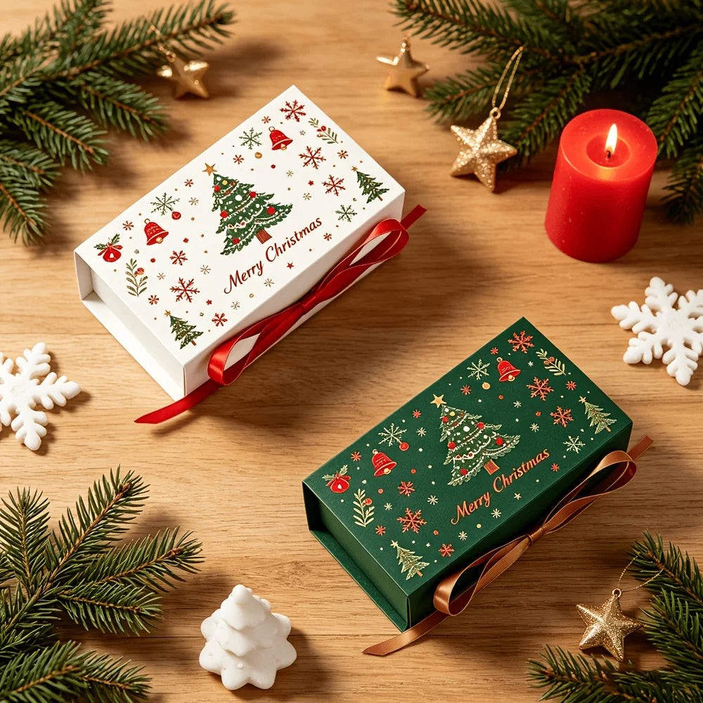 10-Pack Christmas Gift Boxes with Ribbon – Festive Tree & Snowflake Design