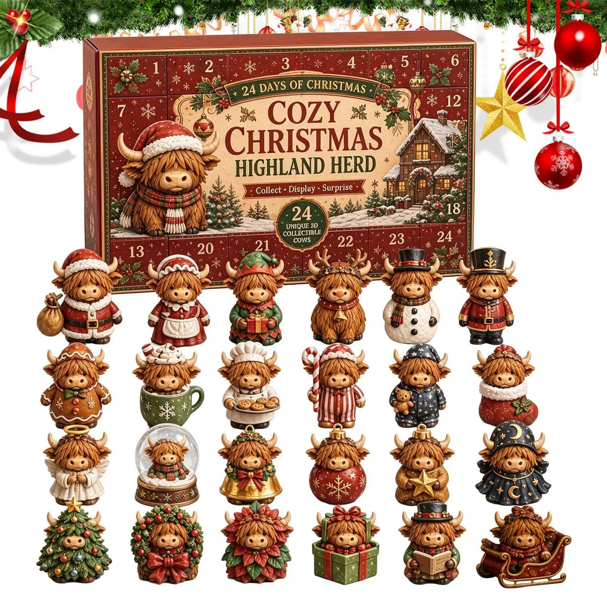 Christmas Advent Calendar – 24-Piece Highland Cow Acrylic Ornaments & Christmas Countdown Decorations