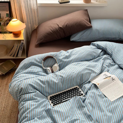 Blue & Brown Striped Duvet Cover Set – 3-Piece Soft Bedding Set with Pillowcases