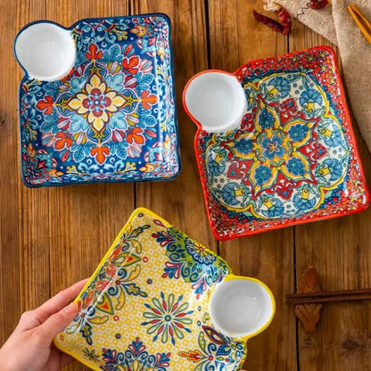 Bohemian Dumpling Plate with Dipping Sauce Compartment