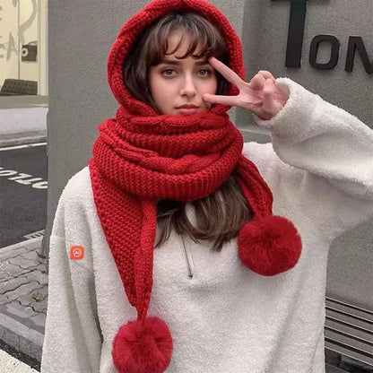 Winter Beanie & Scarf Set – Knitted Thermal Pom Pom Hat with Attached Neck Warmer