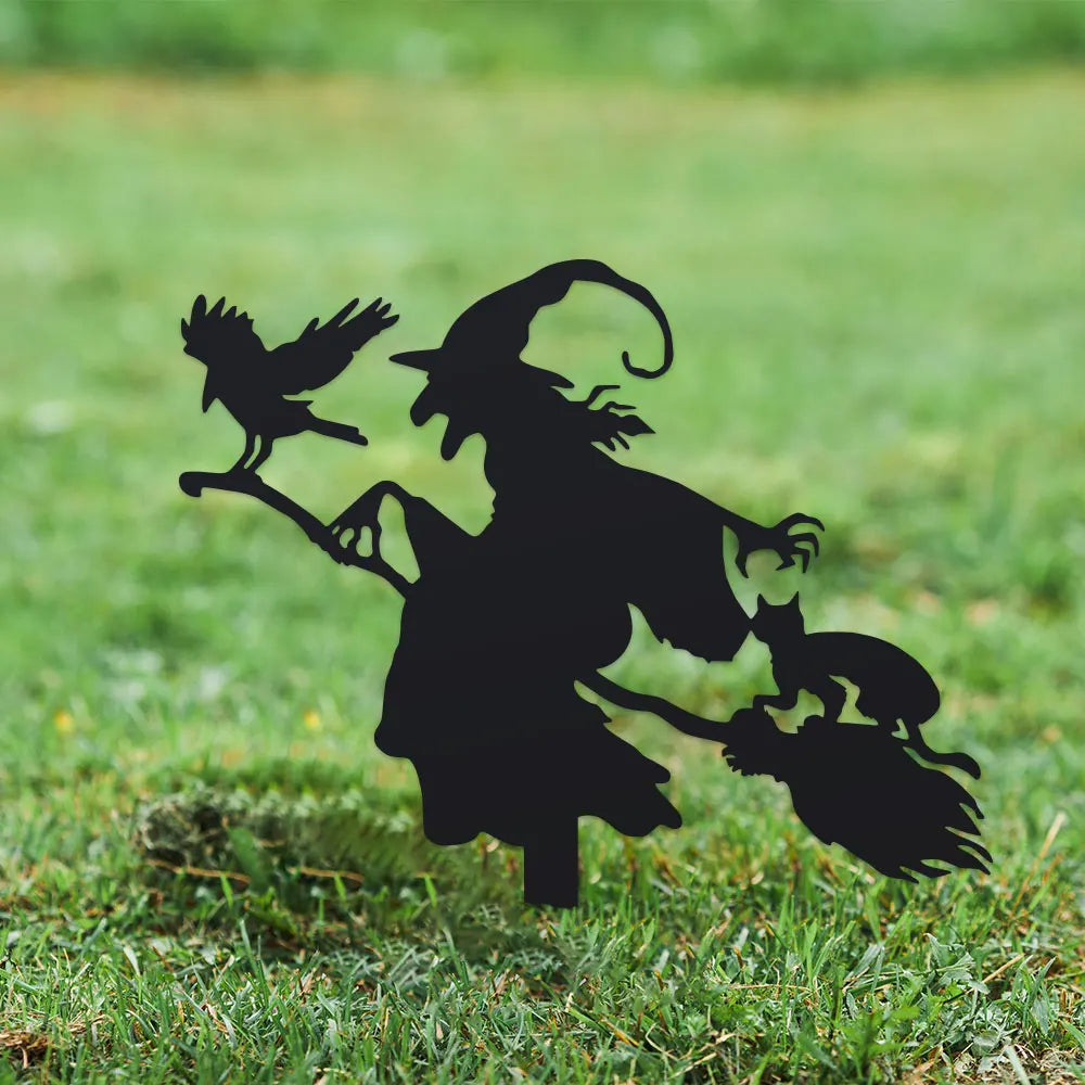 Witch on Broomstick Metal Garden Stake – Halloween Outdoor Decoration