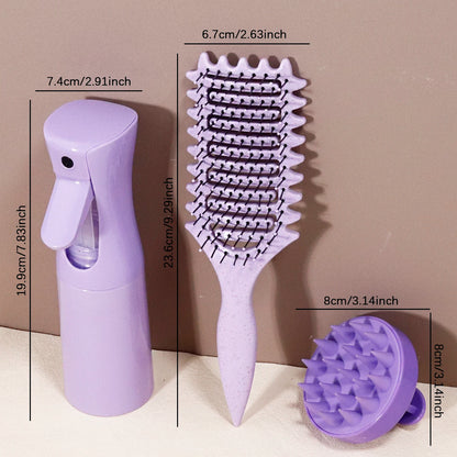 3-Piece Curl Styling Tool Set – Hair Brush, Continuous Spray Bottle & Scalp Massage Shampoo Brush